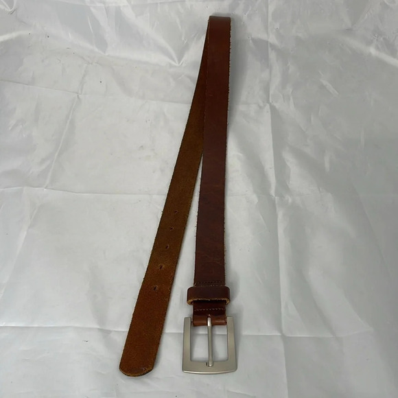 VINTAGE Mens Nutmeg Brown Genuine Leather Belt Brushed Silver-tone Buckle Size M - Picture 4 of 10